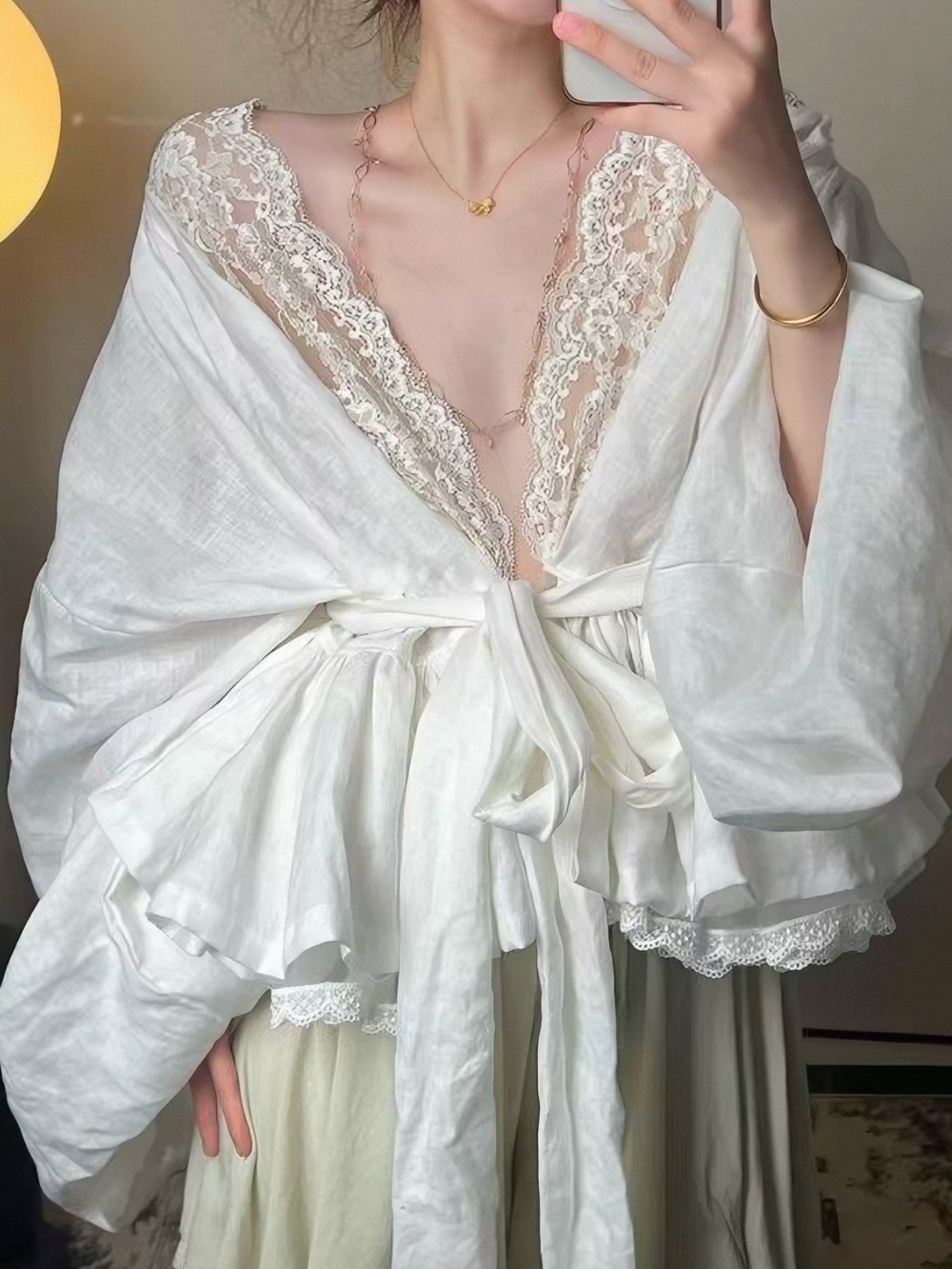 Lace-Trim White Wrap Robe